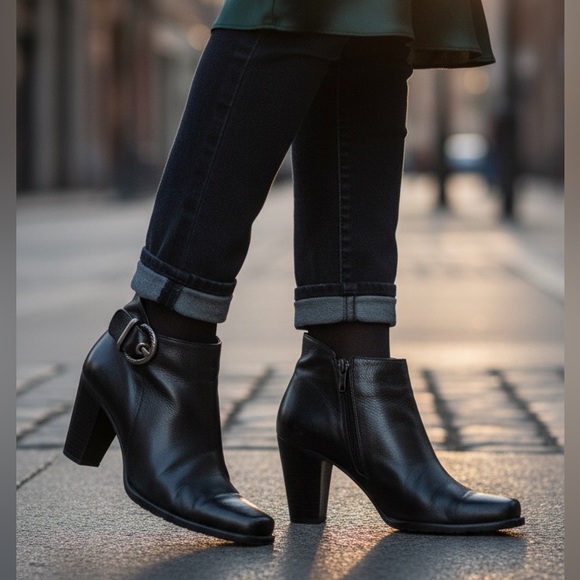 Stuart Weitzman Shoes - Stuart Weitzman black leather silver buckle ankle boots heeled booties 7.5‎